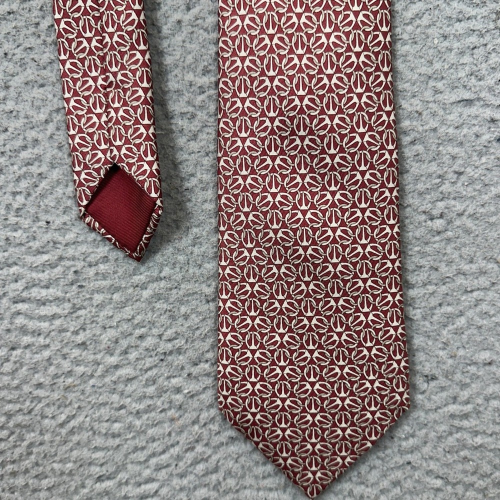 Hermes Silk Necktie Mens OS 5512 UA Burgundy Geometric Chain Link Made In France